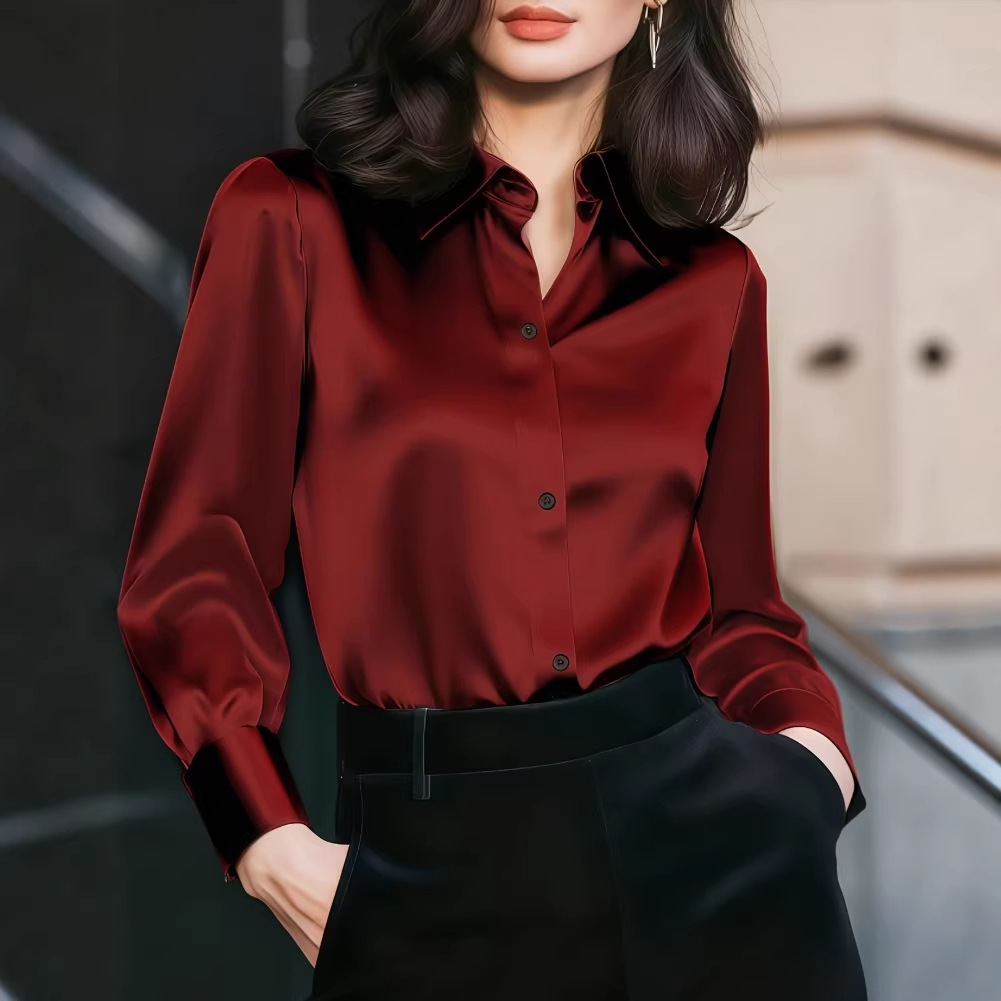 Women'S Office Formal Wear For Ladies - Women Satin Lapel Collar Blouse Button
